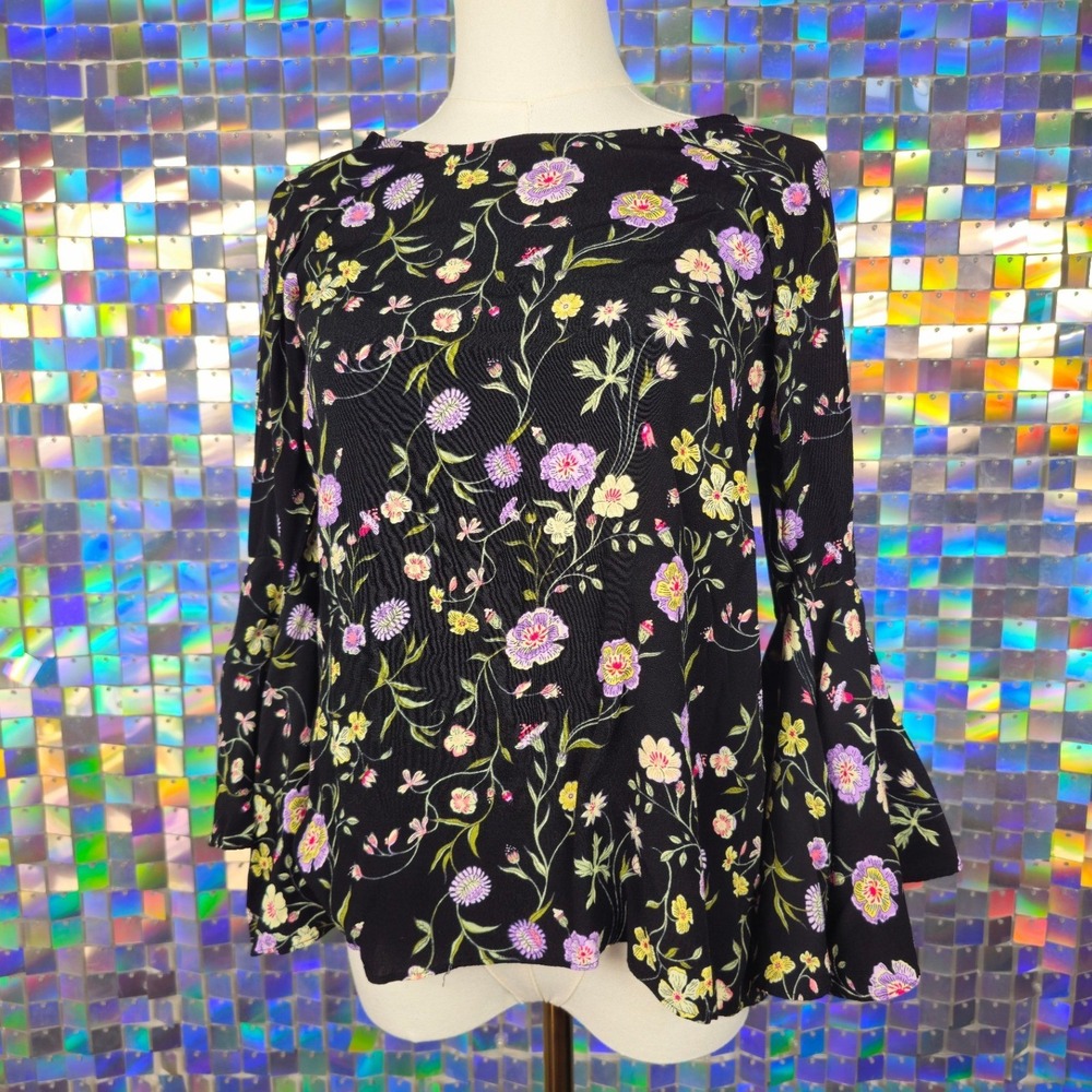 LC Lauren Conrad Floral Bell Sleeve Blouse Womens Medium Black Excellent Boho - Picture 3 of 9